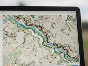 Crisp editorial close-up of a GIS mapping interface showing watershed topography, muted earth tones, natural overcast daylight, 35mm