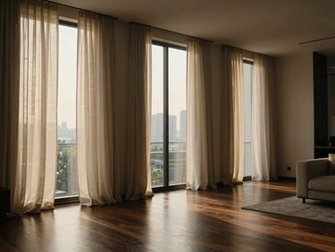 Architectural wide shot of a modern luxury living room in Jakarta, towering minimalist windows with heavy linen drapes pooling perfectly on dark hardwood floors, soft golden-hour light filtering through, 35mm photography.