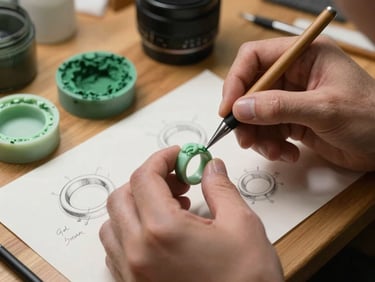 An artist's hands carefully carving a delicate wax mold for a custom sculptural ring, surrounded by raw green pigments and sketches on a warm wooden table