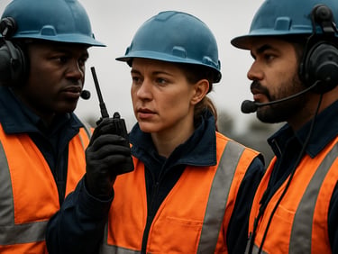 Medium-close shot of diverse team members in high-visibility field gear actively participating in a training exercise, focusing on communication gear, high-contrast overcast daylight, muted navy and safety-orange tones, sharp focus, 35mm lens