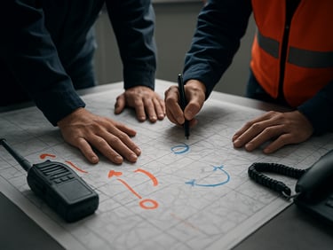 Close-up of hands collaborating over a large tactical map in a well-lit planning room, showing strategic markers and communication gear, high-contrast overcast daylight, muted navy and safety-orange tones, sharp focus, 35mm lens
