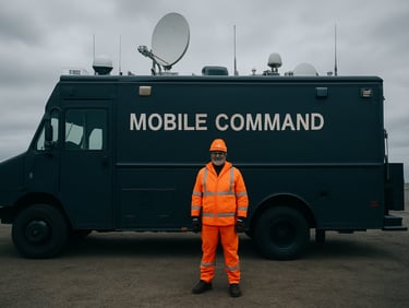 Exterior shot of a SIGMA PLANNING GROUP INC mobile command vehicle, fully equipped, parked on-site during an overcast day, high-contrast, high-visibility field gear, documentary photography, 35mm lens