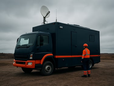 Wide environmental shot of a specialized mobile command vehicle parked on a remote site, high-visibility field gear visible, high-contrast overcast daylight, muted navy and safety-orange tones, sharp focus, 35mm lens