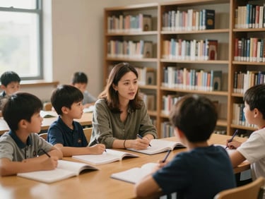 Focused young students receiving mentorship in a beautifully lit, high-ceilinged community library, warm side-lighting, shallow depth of field