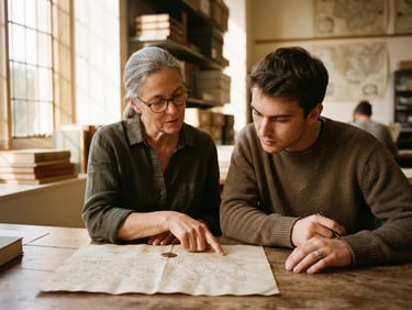 Warm natural window light illuminating a focused mentor and student reviewing historical documents together, soft side-lighting, rich muted tones, shallow depth of field, 35mm film look