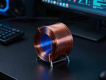 Macro shot of a bifilar-wrapped copper coil with electric blue backlighting, sitting on a dark matte desk, next to a multi-monitor setup, high contrast, industrial tech photography.