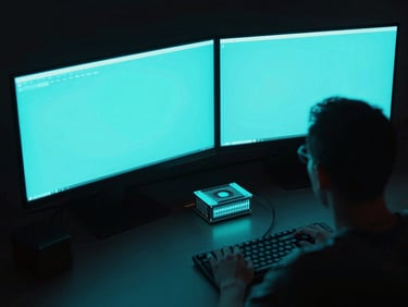 Overhead view of a dark, minimalist workstation with a glowing cyan monitor, a TensorCoil hardware node positioned precisely between the screen and the operator's chair, sharp low-key neon lighting.