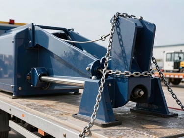 Close-up of heavy machinery secured with heavy-duty chains on a flatbed trailer, industrial rigging detail, bright daylight