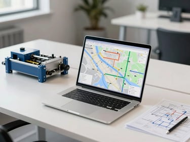 Clean modern office desk with a laptop showing logistics routing maps, blueprints of machinery nearby, neutral professional lighting
