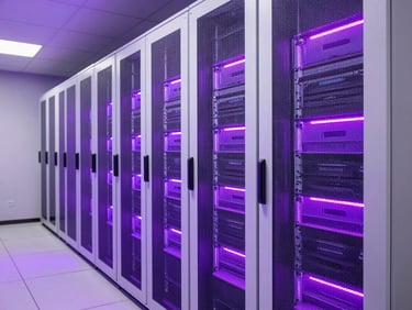 Sleek corporate technology photography, modern server room corridor with clean white racks and soft purple ambient LED lighting, 35mm lens.