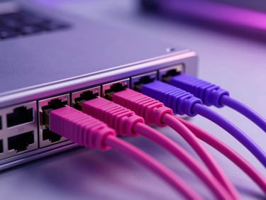 Sleek corporate technology photography, close-up of a network switch with active magenta and purple fiber optic patch cables, sharp focus.