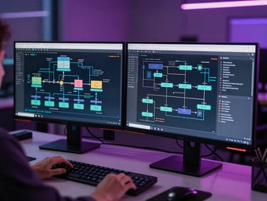 Sleek corporate technology photography, an engineer analyzing complex system architecture diagrams on dual monitors in a cool-toned office, low-key lighting.