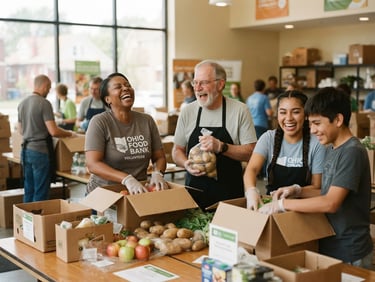 Warm candid photo of Ohio volunteers of diverse ages laughing together while packing fresh food boxes in a bright, sunlit community center, 35mm