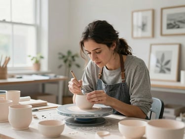 Active female entrepreneur in a bright, modern workshop, carefully painting high-quality artisanal ceramic pieces, natural daylight, professional framing.