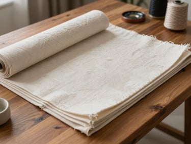 High-quality finished artisanal textile products displayed elegantly on a wooden table, soft daylight