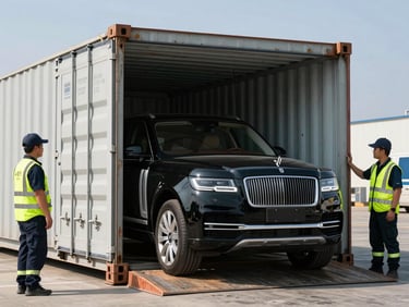 A brand new black luxury SUV being carefully driven into a clean steel shipping container, secure loading bay, professional logistics staff wearing high-visibility gear, sharp daylight.
