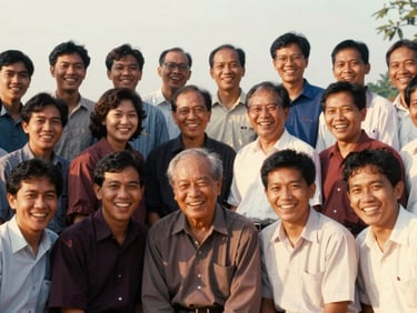 Candid group photo of SMEAN Karawang 1993 alumni laughing together at a recent reunion, warm nostalgic photography, soft golden hour light, faded vintage analog tones, 35mm film aesthetic.