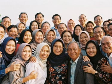 Large group photo of SMEAN Karawang 93 alumni at a reunion, all smiling and embracing, warm natural golden-hour light, soft faded vintage analog tones, 35mm film aesthetic