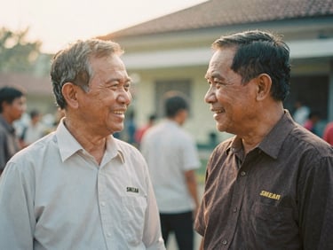 Candid shot of two SMEAN Karawang 93 alumni chatting warmly, soft golden hour light, faded vintage analog tones, 35mm film aesthetic