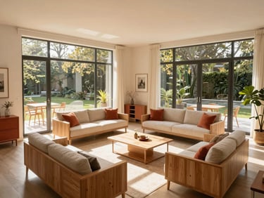 Bright modern apartment living room, sunbeams streaming through large windows, minimalist wooden furniture, warm terracotta accents, high-angle architectural photography