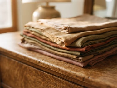 A close-up of folded silk-like fabric on a wooden dresser under warm diffused morning light, shallow depth of field, 35mm