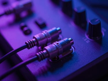 Extreme close-up of high-quality patch cables plugged into a hardware synthesizer, dramatic purple neon edge-lighting, shallow depth of field, 35mm
