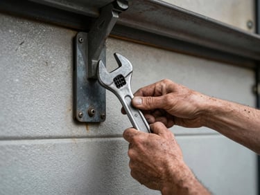 Close-up of calloused hands holding a heavy steel wrench, adjusting a weathered garage door bracket under high-contrast work lights.