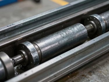 Close-up of heavy-duty steel garage door rollers inside a solid steel track, clean grease, industrial details.