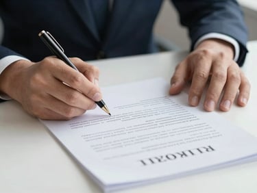 Close-up of hands signing a formal employment contract on a clean slate table, professional corporate setting, soft lighting.