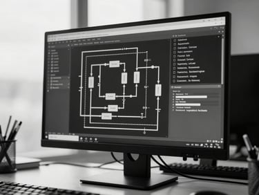 A stark black-and-white data visualization showing structured pipeline metrics on a high-end office monitor, cool overcast daylight, high contrast slate tones.