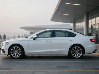 Cinematic side profile of a clean, late-model executive sedan parked outside a modern UK airport terminal, cool morning mist, overcast British daylight, soft focus background.