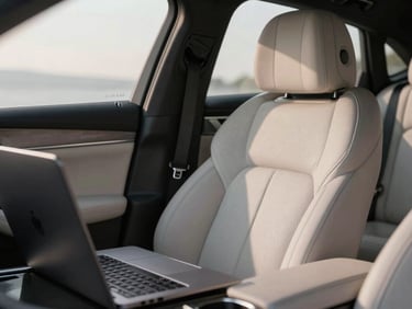 Close-up interior detail of a premium executive sedan, a passenger working on a laptop on a leather seat, soft morning daylight filtering through the window, clean and quiet cabin