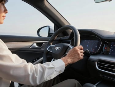 Close-up editorial shot of a professional driver in smart-casual attire adjusting the climate control in a pristine executive car cabin, soft morning daylight filtering through the window.