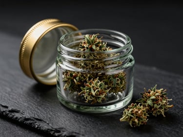 Moody close-up of a premium minimalist glass jar containing cannabis flowers, resting on a dark slate surface, gold accents, dramatic directional lighting