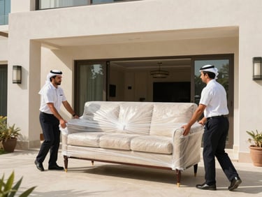Professional movers carrying a wrapped luxury sofa into a bright modern villa in Abu Dhabi, warm natural daylight.