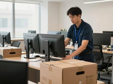 Clean corporate office setup with moving crates and a professional technician securing desktop monitors, bright daylight.