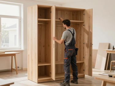 A skilled carpenter in uniform assembling a large wooden wardrobe frame inside a spacious room, warm lighting.