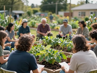 A wide environmental portrait of a community garden meeting, natural morning daylight, rich organic tones, candid framing, shallow depth of field, 35mm