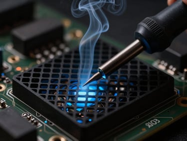 Macro shot of a soldering iron tip near a circuit board, wisps of smoke being pulled into a dark honeycomb grille, blue accent light, 50mm lens