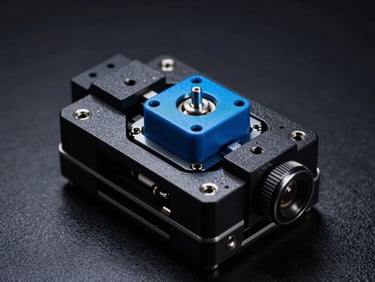 Macro shot of a compact black direct-drive toolhead, showing exposed stepper motor and custom printed brackets, 50mm lens