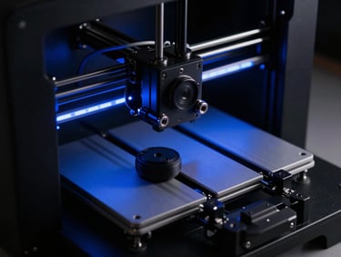 Dramatic close-up of a sealed black 3D printer enclosure with internal blue LED strips casting sharp shadows on mechanical rails