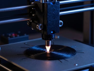 Close-up of a 3D printer nozzle depositing black filament onto a heated bed, glowing hotend, dark ambient lighting, 50mm lens