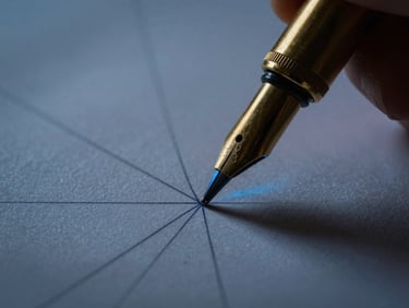 Macro photograph of a brass pen plotting precise vector lines on textured paper, low-key dramatic lighting, subtle blue glow, 50mm lens
