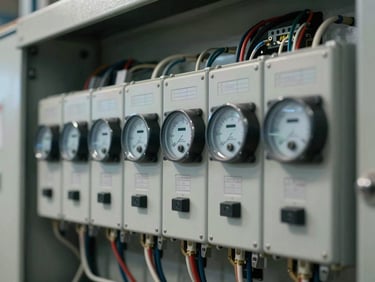 Close-up of industrial electrical control panel with neatly routed wiring, digital meters displaying technical data, cool architectural lighting.