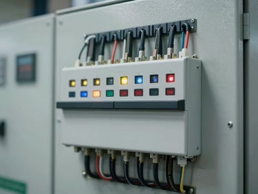Close-up of a modern industrial electrical control panel with precise wiring and illuminated indicators, clean technical environment