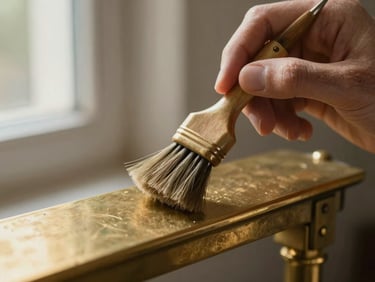 Macro shot of a conservationist hand using a horsehair brush on a detailed unlacquered brass fixture, soft directional window light