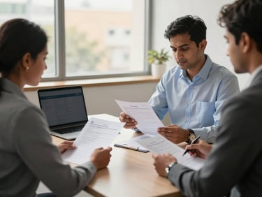 Wide shot of a hiring manager and recruiter seated across a desk reviewing printed CVs together under warm daylight from an office window, documents and a laptop visible on the desk, professional Indian corporate setting