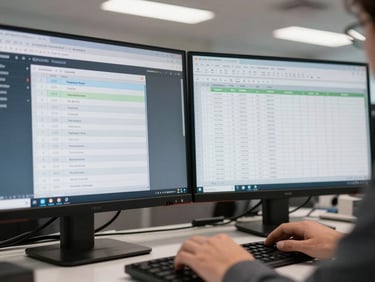 Close-up of two monitors side by side on a clean desk—left screen shows a live automated queue processing entries, right screen shows the same queue in a legacy spreadsheet, hands at keyboard mid-comparison, overhead office lighting