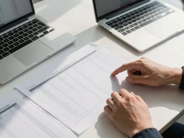 Close-up overhead shot of a wide desk covered in printed process flow documents and a laptop open to a spreadsheet, hands pointing at a specific row, daylight from an office window casting clean shadows across the papers