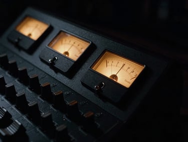 Intimate close-up of a vintage analog mixing console, glowing warm gold VU meters against deep black chassis, dramatic chiaroscuro lighting, shallow depth of field, 35mm film